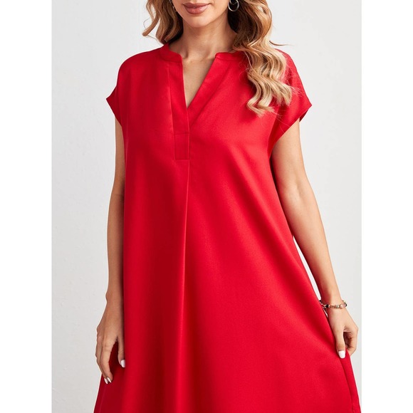 short sleeve Hi low Notched v neck Dip Hem midi Dress red - Picture 3 of 8
